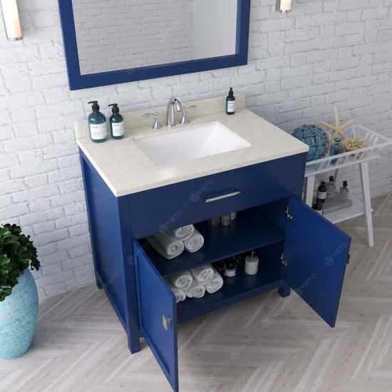 Caroline 36" Single Bath Vanity in French Blue with White Quartz Top and Square Sink with Polished Chrome Faucet and Mirror