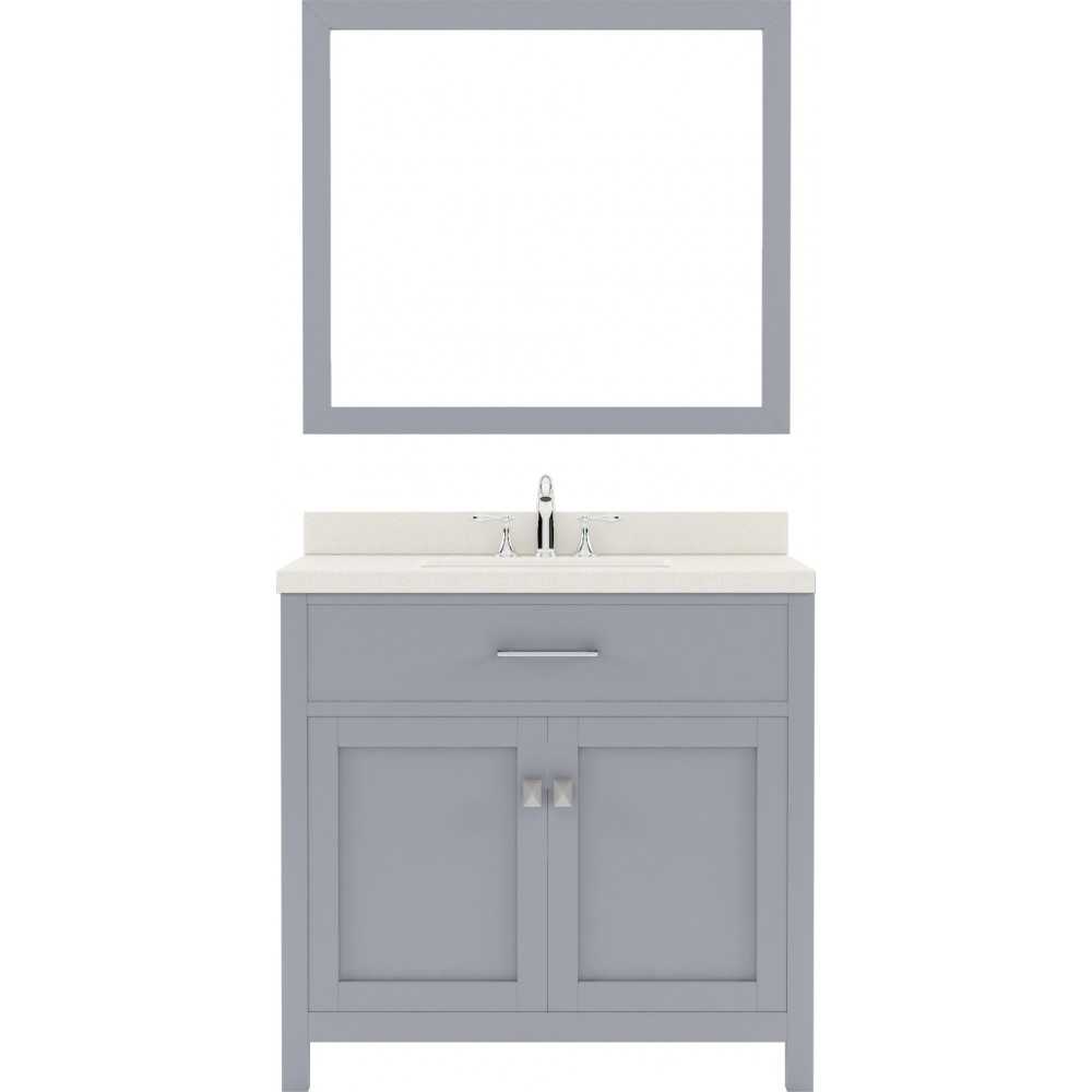 Caroline 36" Single Bath Vanity in Gray with White Quartz Top and Square Sink with Brushed Nickel Faucet and Matching Mirror