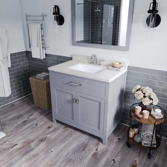 Caroline 36" Single Bath Vanity in Gray with White Quartz Top and Square Sink with Brushed Nickel Faucet and Matching Mirror