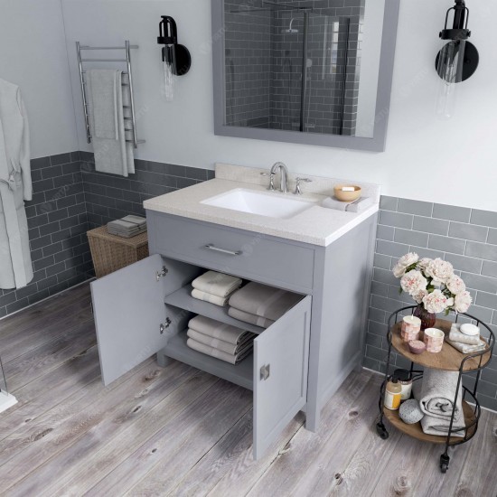 Caroline 36" Single Bath Vanity in Gray with White Quartz Top and Square Sink with Brushed Nickel Faucet and Matching Mirror