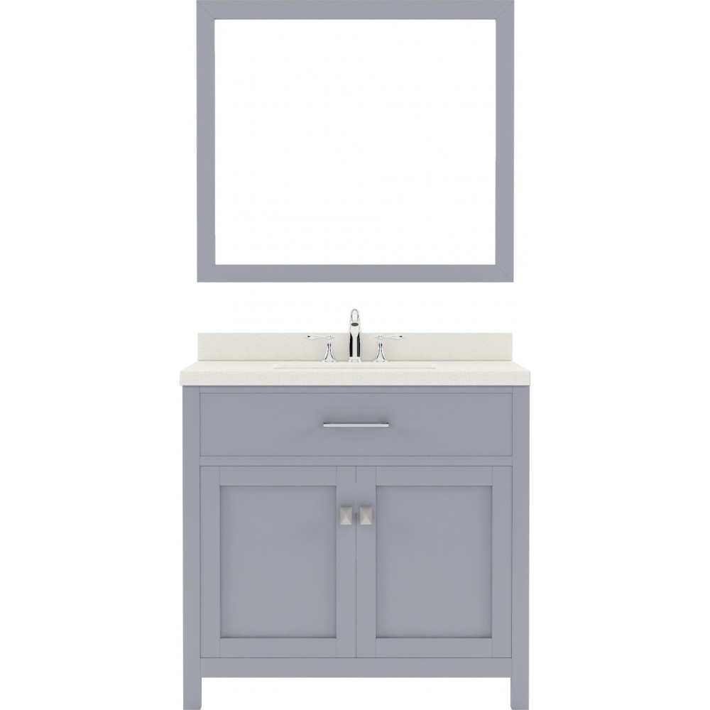 Caroline 36" Single Bath Vanity in Gray with White Quartz Top and Square Sink with Polished Chrome Faucet and Matching Mirror