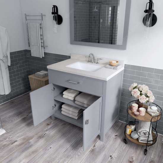 Caroline 36" Single Bath Vanity in Gray with White Quartz Top and Square Sink with Polished Chrome Faucet and Matching Mirror