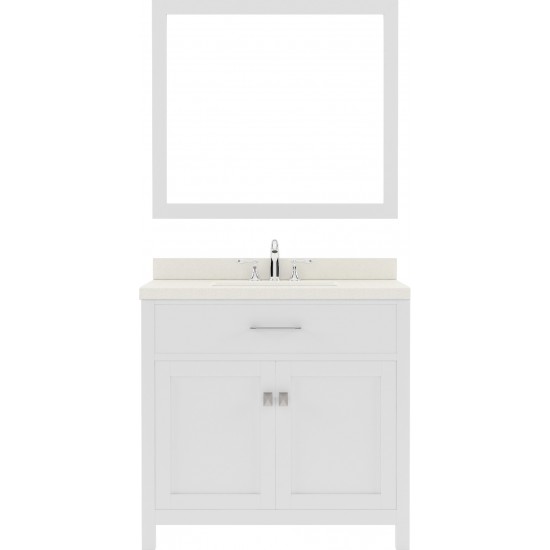 Caroline 36" Single Bath Vanity in White with White Quartz Top and Square Sink with Polished Chrome Faucet and Matching Mirro