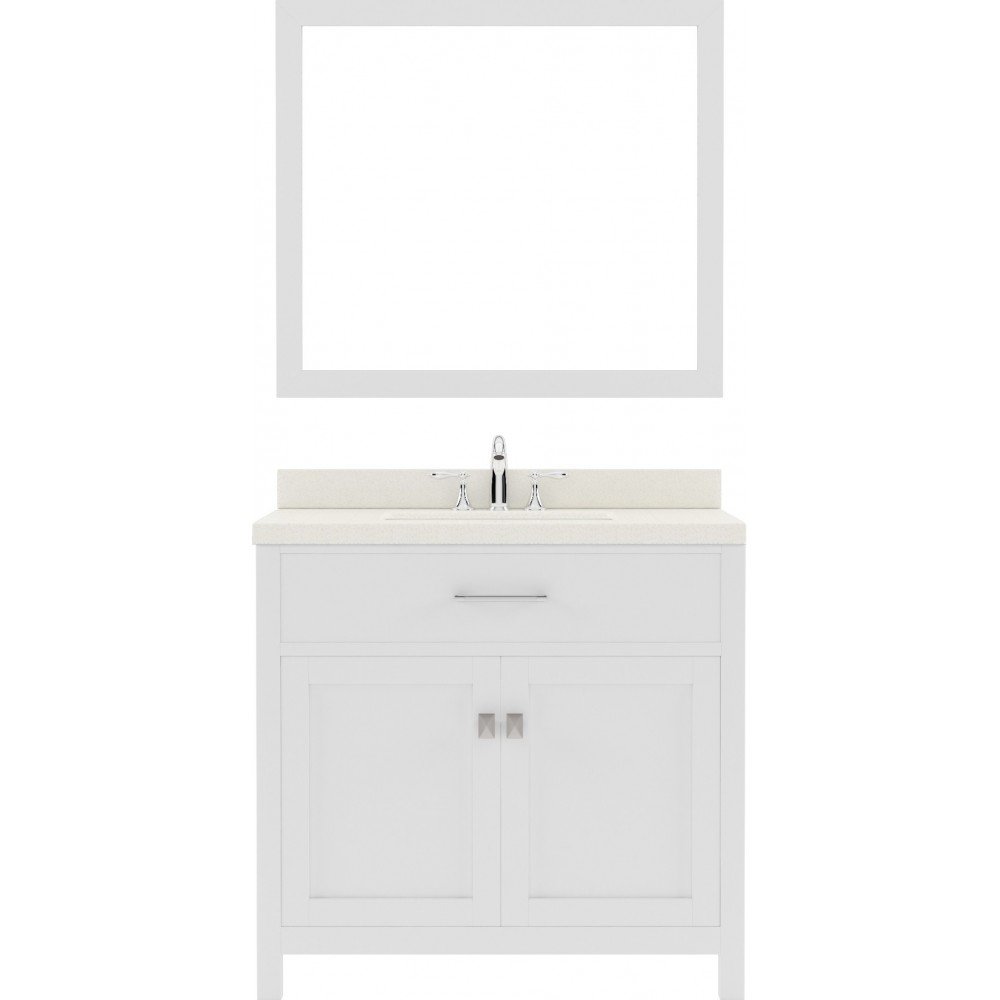 Caroline 36" Single Bath Vanity in White with White Quartz Top and Square Sink with Polished Chrome Faucet and Matching Mirro