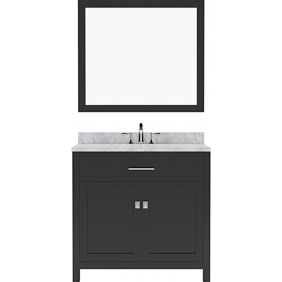 Caroline 36" Single Bath Vanity in Espresso with White Marble Top and Round Sink with Polished Chrome Faucet and Matching Mir