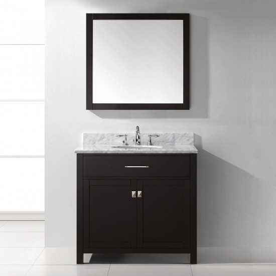 Caroline 36" Single Bath Vanity in Espresso with White Marble Top and Round Sink with Polished Chrome Faucet and Matching Mir