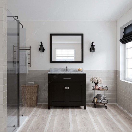 Caroline 36" Single Bath Vanity in Espresso with White Marble Top and Round Sink with Polished Chrome Faucet and Matching Mir