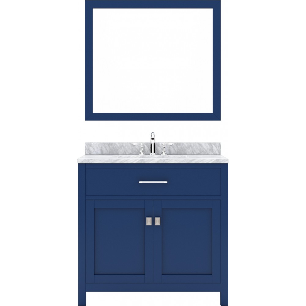 Caroline 36" Single Bath Vanity in French Blue with White Marble Top and Round Sink and Matching Mirror