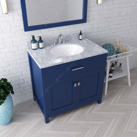 Caroline 36" Single Bath Vanity in French Blue with White Marble Top and Round Sink and Matching Mirror
