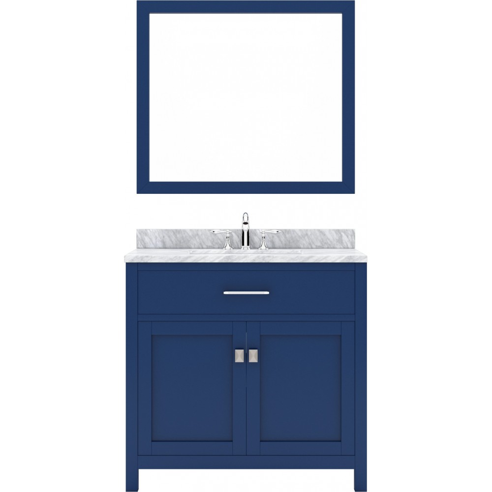 Caroline 36" Single Bath Vanity in French Blue with White Marble Top and Round Sink with Brushed Nickel Faucet and Mirror