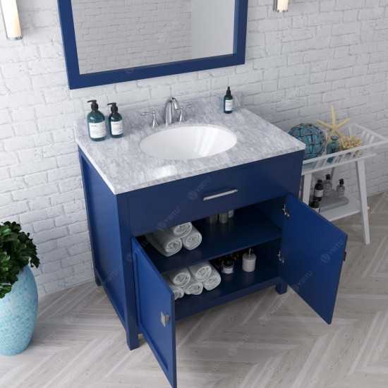 Caroline 36" Single Bath Vanity in French Blue with White Marble Top and Round Sink with Brushed Nickel Faucet and Mirror