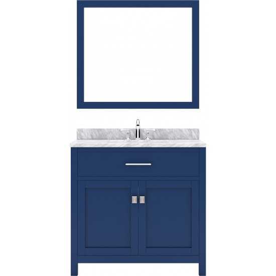 Caroline 36" Single Bath Vanity in French Blue with White Marble Top and Round Sink with Polished Chrome Faucet and Mirror