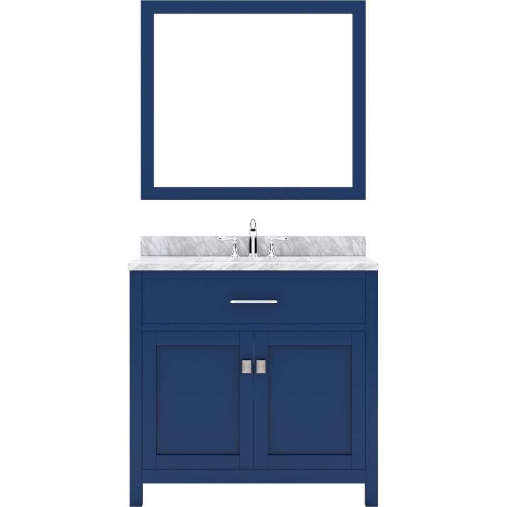Caroline 36" Single Bath Vanity in French Blue with White Marble Top and Round Sink with Polished Chrome Faucet and Mirror