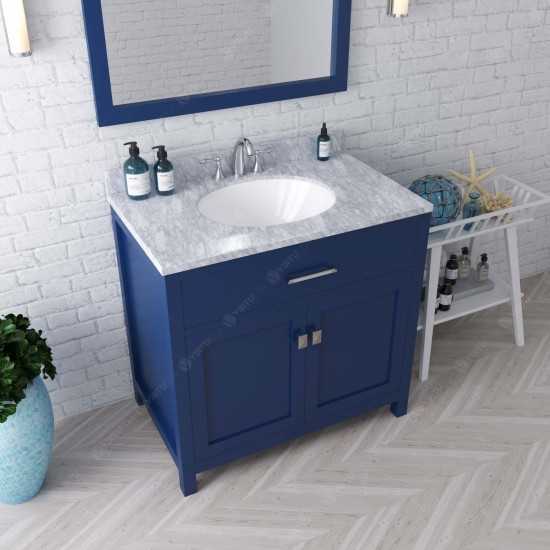 Caroline 36" Single Bath Vanity in French Blue with White Marble Top and Round Sink with Polished Chrome Faucet and Mirror