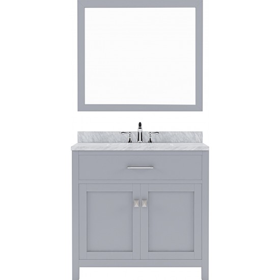 Caroline 36" Single Bath Vanity in Gray with White Marble Top and Round Sink with Brushed Nickel Faucet and Matching Mirror