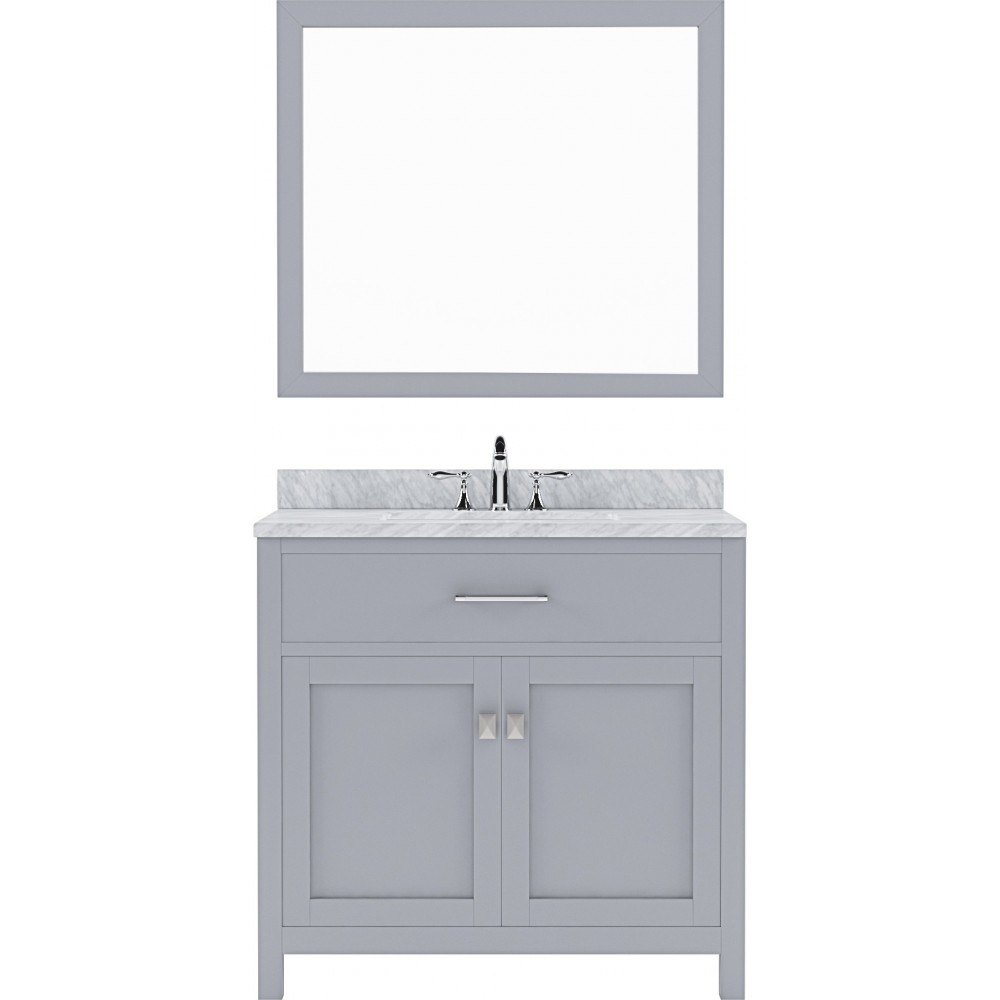 Caroline 36" Single Bath Vanity in Gray with White Marble Top and Round Sink with Brushed Nickel Faucet and Matching Mirror