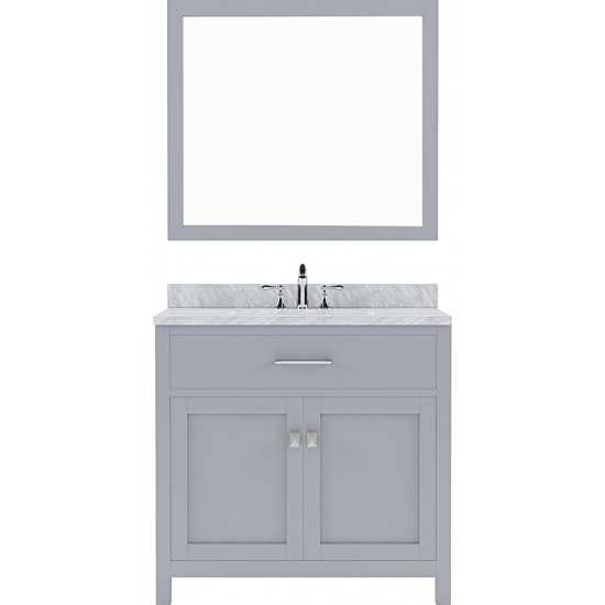 Caroline 36" Single Bath Vanity in Gray with White Marble Top and Round Sink with Polished Chrome Faucet and Matching Mirror