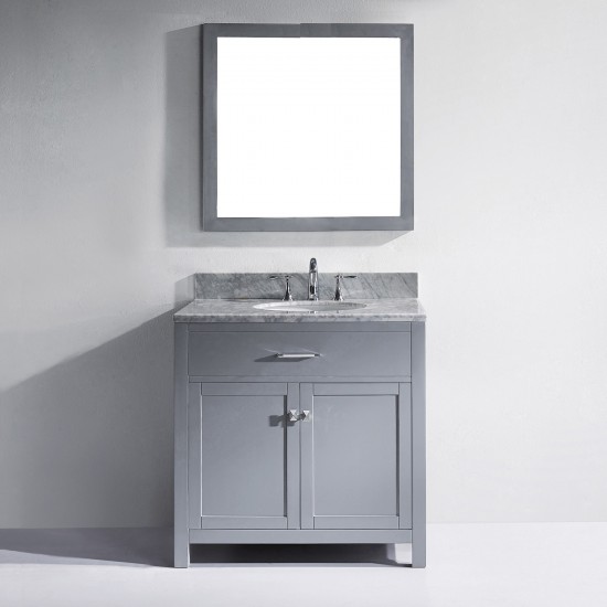 Caroline 36" Single Bath Vanity in Gray with White Marble Top and Round Sink with Polished Chrome Faucet and Matching Mirror