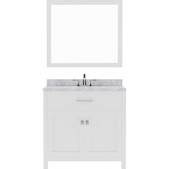 Caroline 36" Single Bath Vanity in White with White Marble Top and Round Sink and Matching Mirror