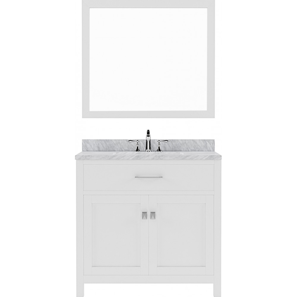 Caroline 36" Single Bath Vanity in White with White Marble Top and Round Sink and Matching Mirror