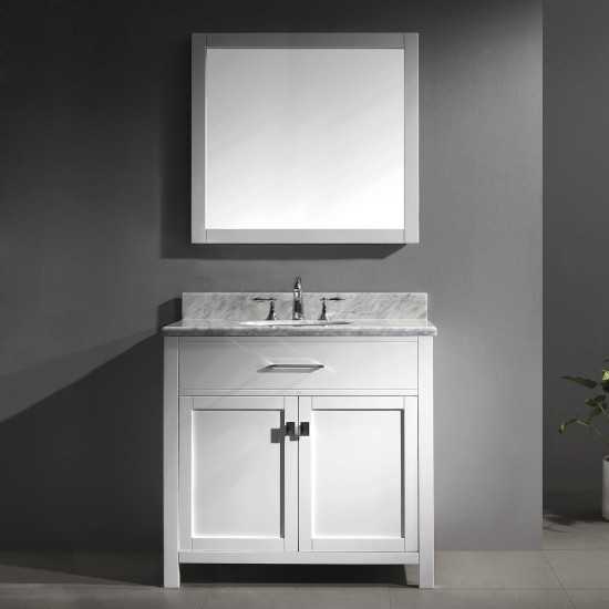 Caroline 36" Single Bath Vanity in White with White Marble Top and Round Sink and Matching Mirror