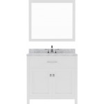 Caroline 36" Single Bath Vanity in White with White Marble Top and Round Sink with Brushed Nickel Faucet and Matching Mirror