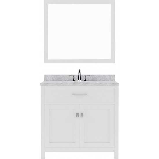 Caroline 36" Single Bath Vanity in White with White Marble Top and Round Sink with Brushed Nickel Faucet and Matching Mirror