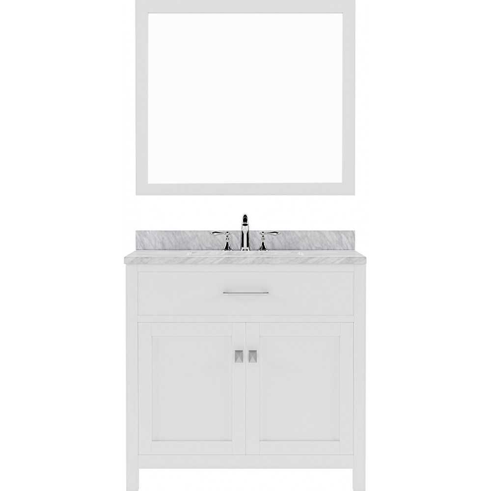 Caroline 36" Single Bath Vanity in White with White Marble Top and Round Sink with Brushed Nickel Faucet and Matching Mirror