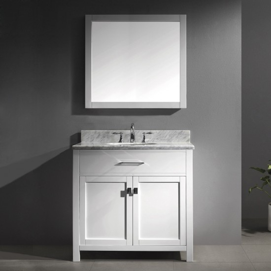 Caroline 36" Single Bath Vanity in White with White Marble Top and Round Sink with Brushed Nickel Faucet and Matching Mirror