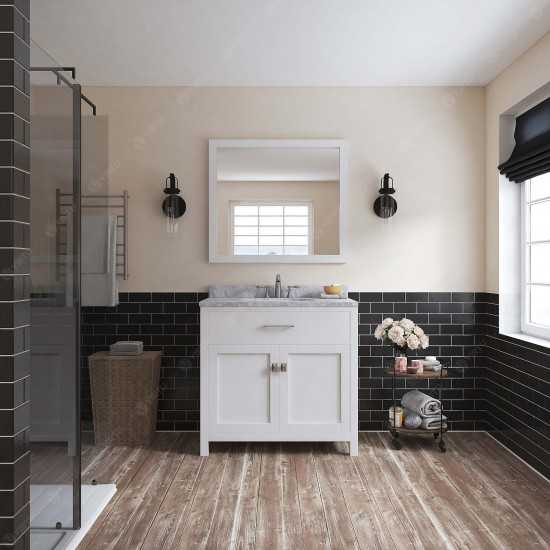 Caroline 36" Single Bath Vanity in White with White Marble Top and Round Sink with Brushed Nickel Faucet and Matching Mirror
