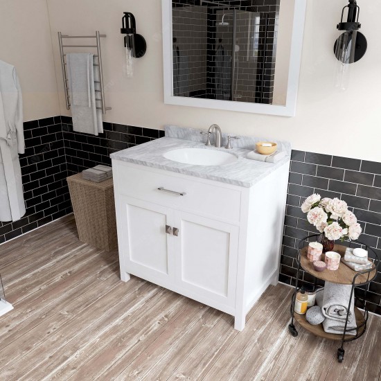 Caroline 36" Single Bath Vanity in White with White Marble Top and Round Sink with Brushed Nickel Faucet and Matching Mirror