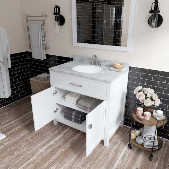 Caroline 36" Single Bath Vanity in White with White Marble Top and Round Sink with Brushed Nickel Faucet and Matching Mirror