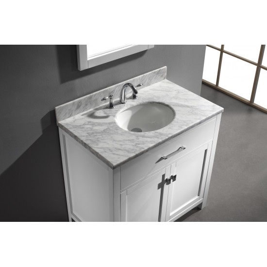 Caroline 36" Single Bath Vanity in White with White Marble Top and Round Sink with Brushed Nickel Faucet and Matching Mirror