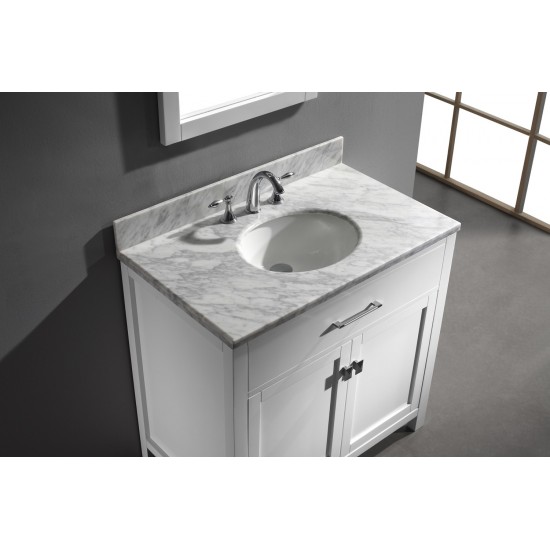 Caroline 36" Single Bath Vanity in White with White Marble Top and Round Sink with Polished Chrome Faucet and Matching Mirror