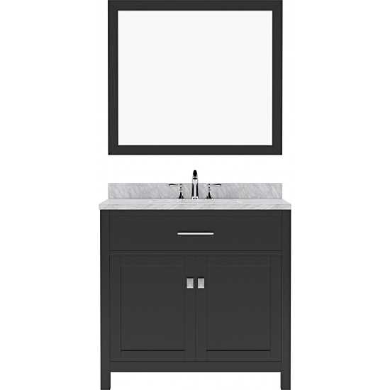 Caroline 36" Single Bath Vanity in Espresso with White Marble Top and Square Sink with Brushed Nickel Faucet and Matching Mir