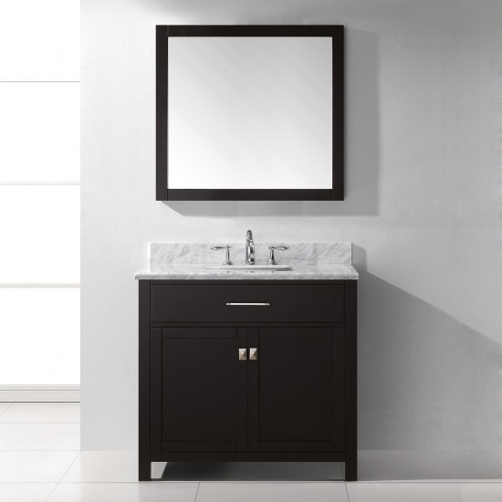 Caroline 36" Single Bath Vanity in Espresso with White Marble Top and Square Sink with Brushed Nickel Faucet and Matching Mir