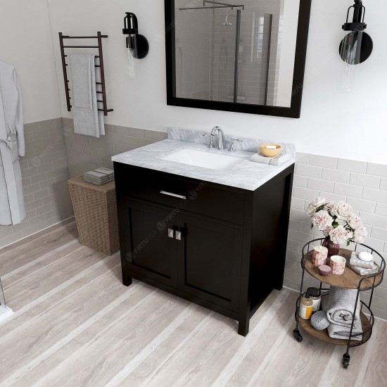 Caroline 36" Single Bath Vanity in Espresso with White Marble Top and Square Sink with Brushed Nickel Faucet and Matching Mir
