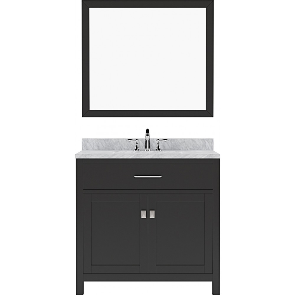 Caroline 36" Single Bath Vanity in Espresso with White Marble Top and Square Sink with Polished Chrome Faucet and Mirror