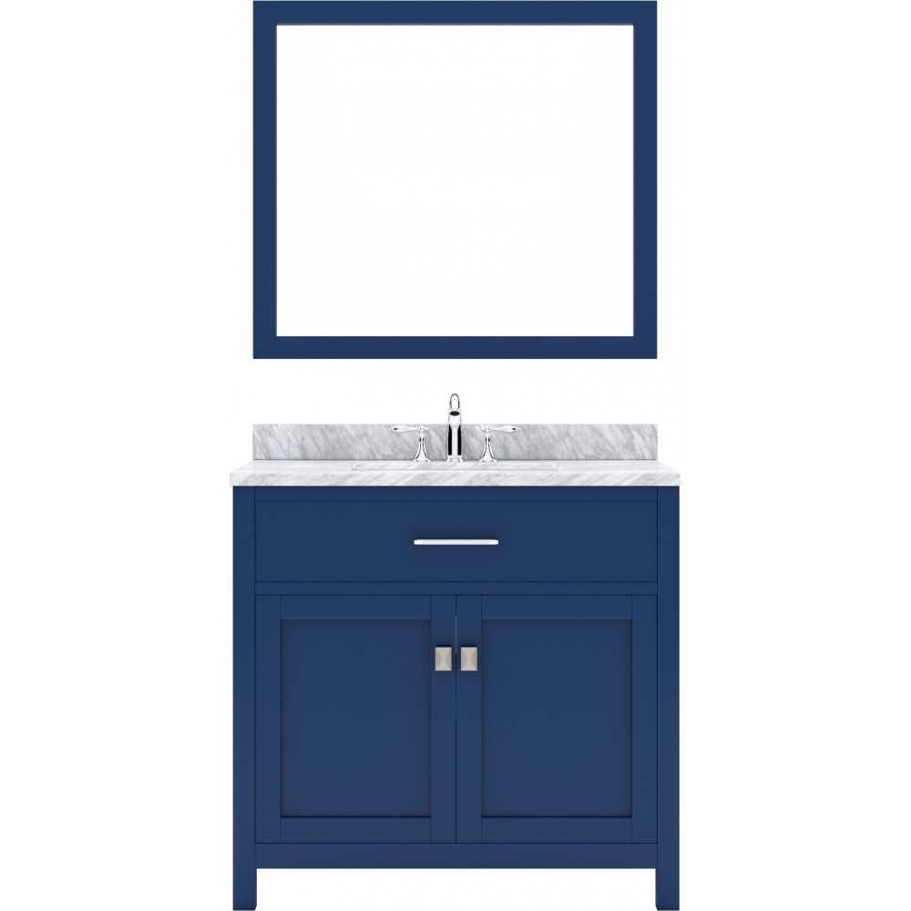 Caroline 36" Single Bath Vanity in French Blue with White Marble Top and Square Sink and Matching Mirror