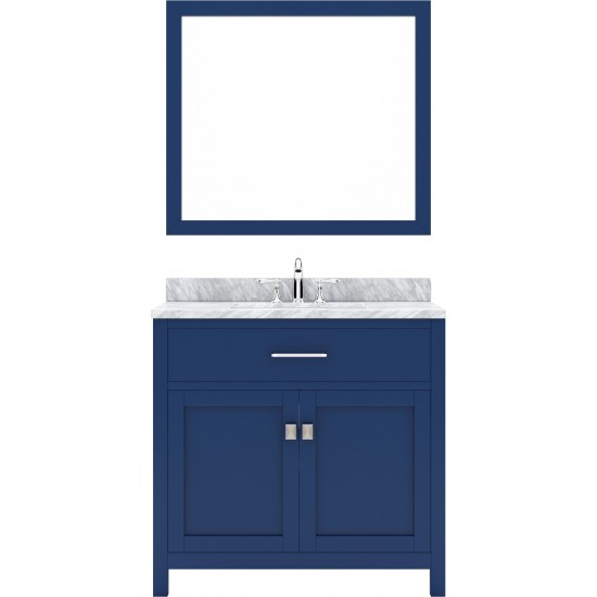 Caroline 36" Single Bath Vanity in French Blue with White Marble Top and Square Sink with Polished Chrome Faucet and Mirror