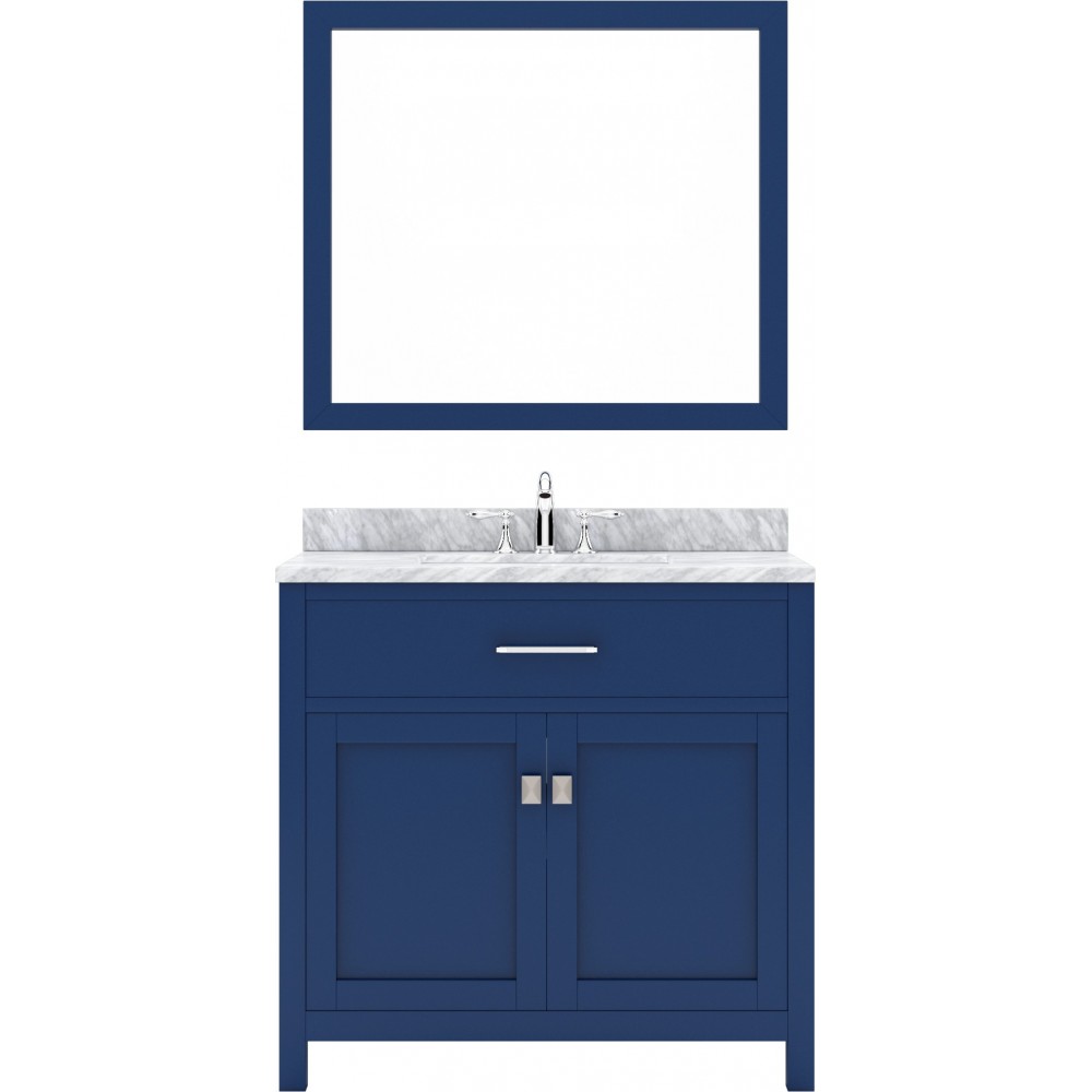 Caroline 36" Single Bath Vanity in French Blue with White Marble Top and Square Sink with Polished Chrome Faucet and Mirror