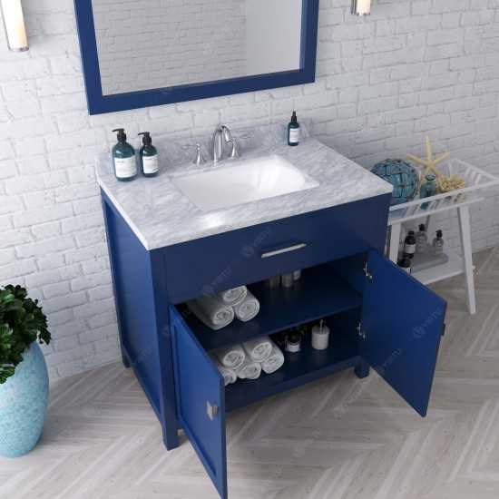 Caroline 36" Single Bath Vanity in French Blue with White Marble Top and Square Sink with Polished Chrome Faucet and Mirror