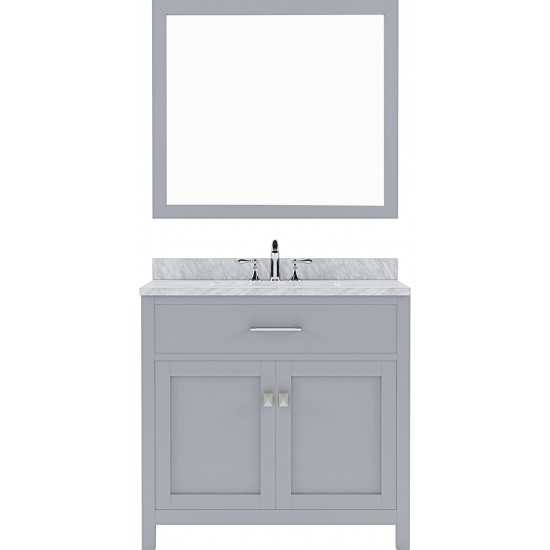 Caroline 36" Single Bath Vanity in Gray with White Marble Top and Square Sink and Matching Mirror