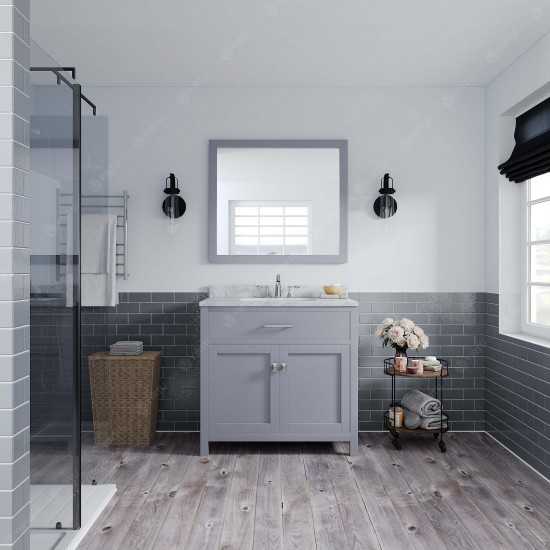 Caroline 36" Single Bath Vanity in Gray with White Marble Top and Square Sink and Matching Mirror