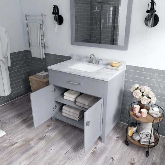 Caroline 36" Single Bath Vanity in Gray with White Marble Top and Square Sink with Polished Chrome Faucet and Matching Mirror