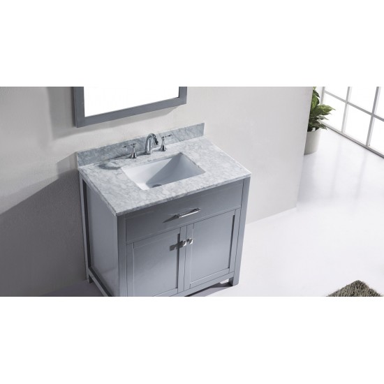 Caroline 36" Single Bath Vanity in Gray with White Marble Top and Square Sink with Polished Chrome Faucet and Matching Mirror