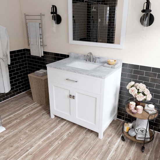 Caroline 36" Single Bath Vanity in White with White Marble Top and Square Sink and Matching Mirror