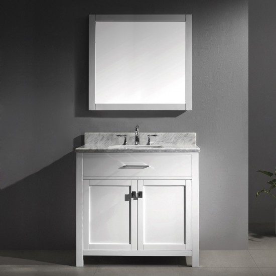 Caroline 36" Single Bath Vanity in White with White Marble Top and Square Sink with Brushed Nickel Faucet and Matching Mirror