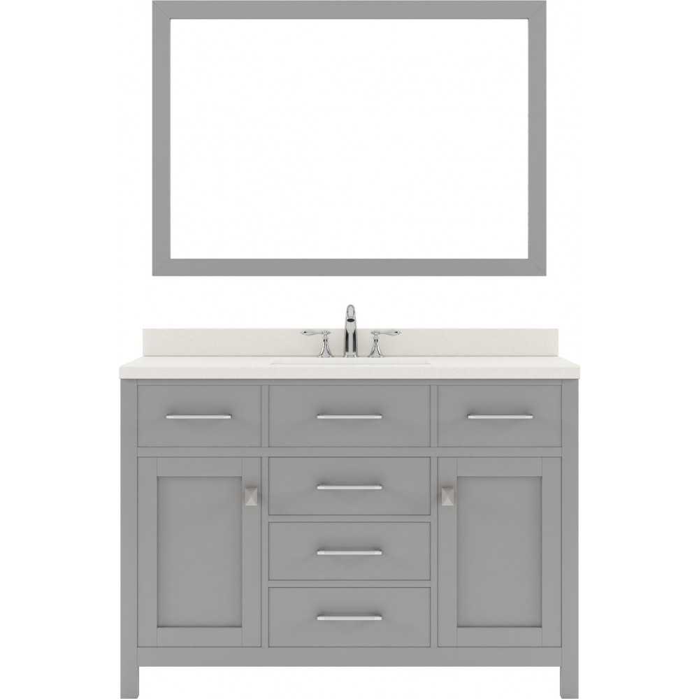 Caroline 48" Single Bath Vanity in Cashmere Gray with White Quartz Top and Round Sink with Polished Chrome Faucet and Mirror