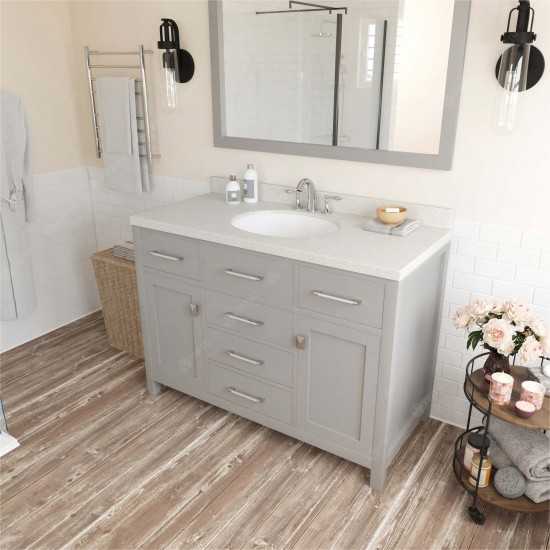 Caroline 48" Single Bath Vanity in Cashmere Gray with White Quartz Top and Round Sink with Polished Chrome Faucet and Mirror